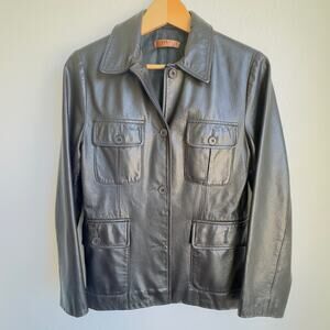 Vintage Black Leather Trucker Jacket Golden Bear Field Utility Safari Blazer M